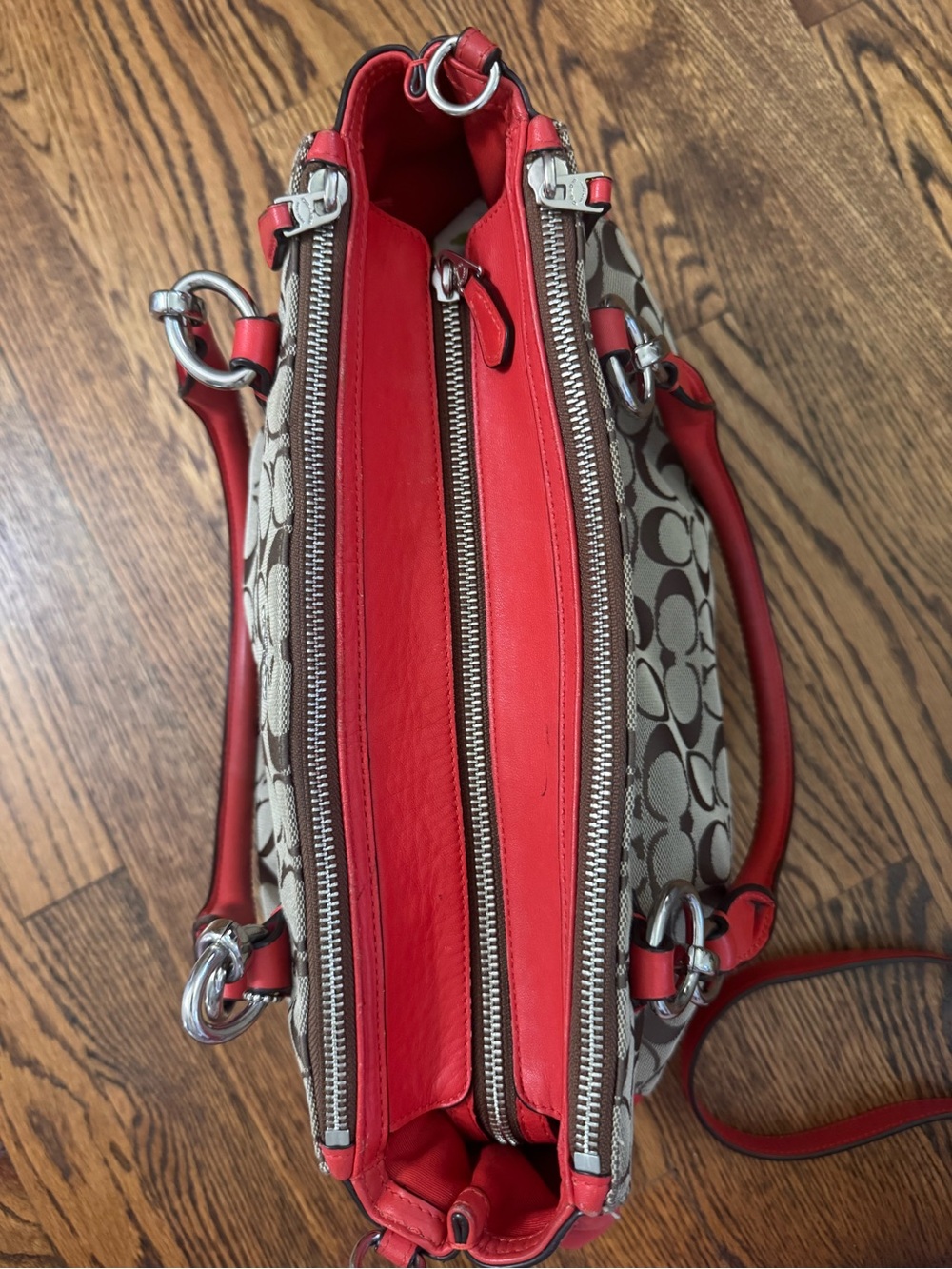 Coach Signature Canvas Coral Red Leather Satchel Crossbody Bag Purse EUC - Picture 4 of 16